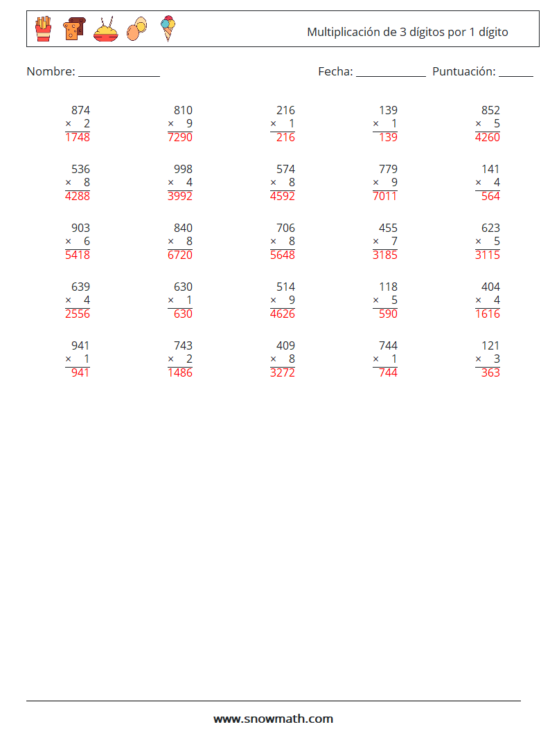 (25) Multiplicación de 3 dígitos por 1 dígito Hojas de trabajo de matemáticas 17 Pregunta, respuesta