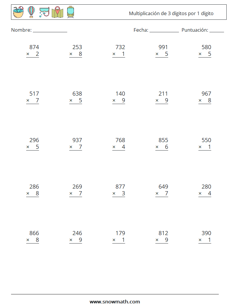 (25) Multiplicación de 3 dígitos por 1 dígito Hojas de trabajo de matemáticas 18
