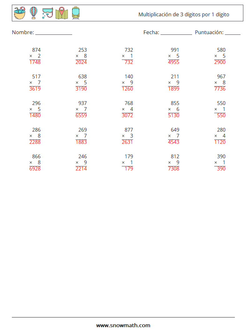 (25) Multiplicación de 3 dígitos por 1 dígito Hojas de trabajo de matemáticas 18 Pregunta, respuesta