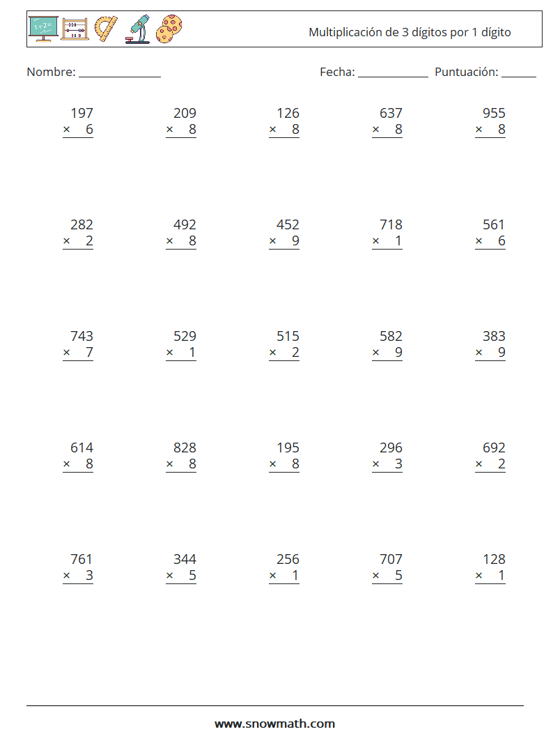 (25) Multiplicación de 3 dígitos por 1 dígito Hojas de trabajo de matemáticas 2