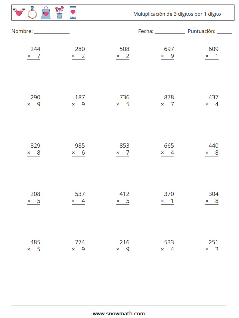 (25) Multiplicación de 3 dígitos por 1 dígito Hojas de trabajo de matemáticas 3