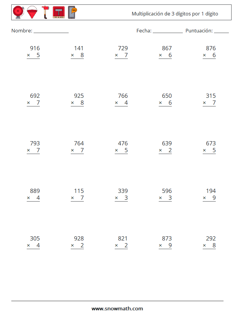 (25) Multiplicación de 3 dígitos por 1 dígito Hojas de trabajo de matemáticas 5