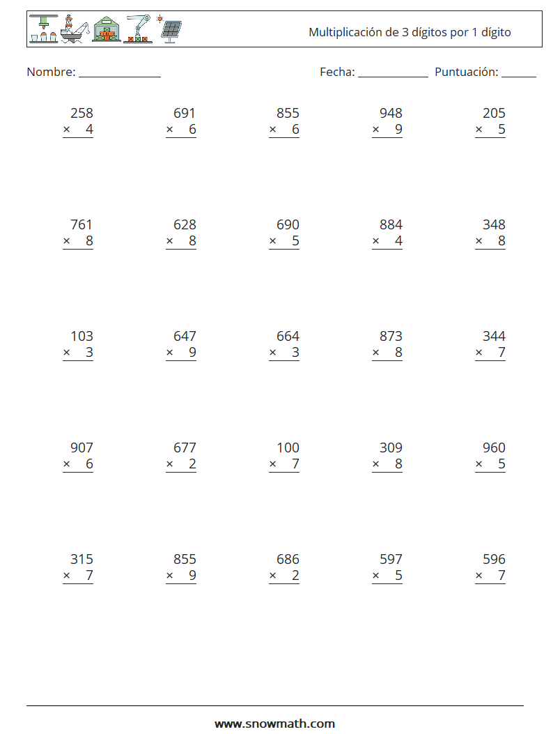 (25) Multiplicación de 3 dígitos por 1 dígito Hojas de trabajo de matemáticas 6