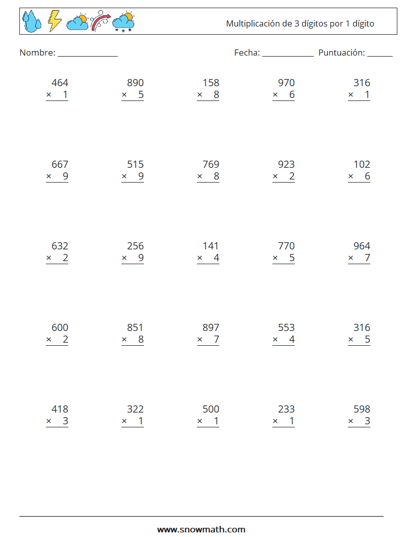(25) Multiplicación de 3 dígitos por 1 dígito Hojas de trabajo de matemáticas 7