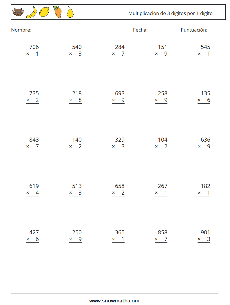 (25) Multiplicación de 3 dígitos por 1 dígito Hojas de trabajo de matemáticas 8