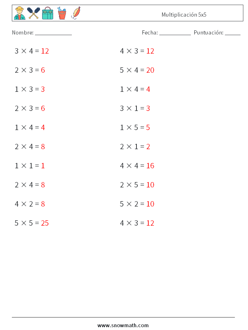 (20) Multiplicación 5x5 Hojas de trabajo de matemáticas 1 Pregunta, respuesta