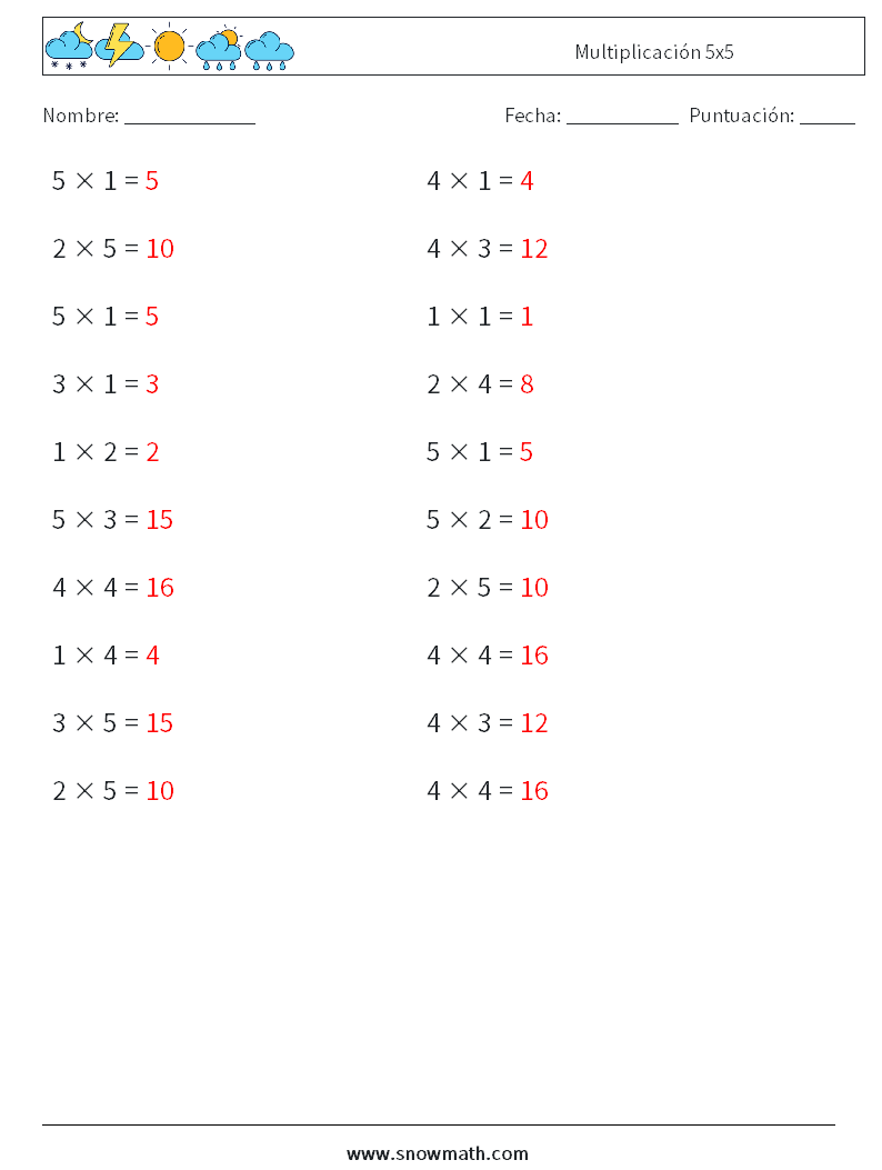 (20) Multiplicación 5x5 Hojas de trabajo de matemáticas 2 Pregunta, respuesta