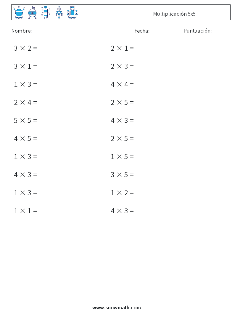 (20) Multiplicación 5x5 Hojas de trabajo de matemáticas 3