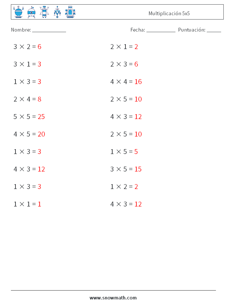 (20) Multiplicación 5x5 Hojas de trabajo de matemáticas 3 Pregunta, respuesta