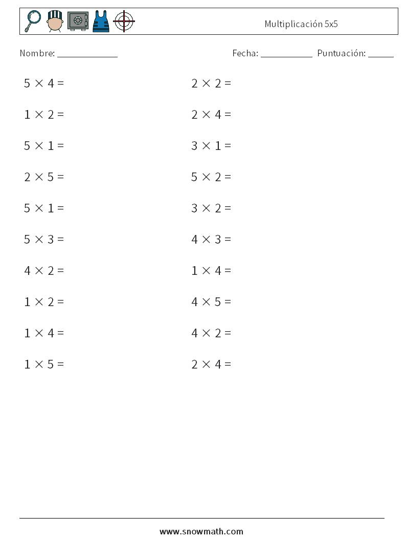 (20) Multiplicación 5x5 Hojas de trabajo de matemáticas 4