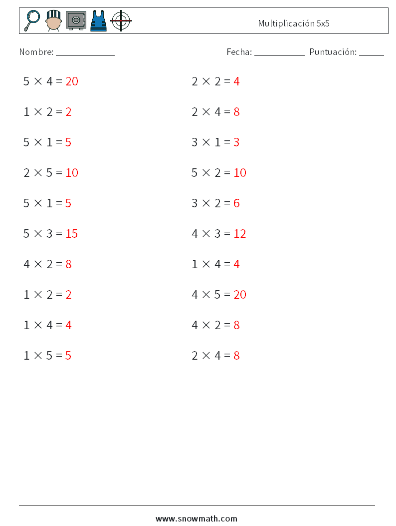 (20) Multiplicación 5x5 Hojas de trabajo de matemáticas 4 Pregunta, respuesta