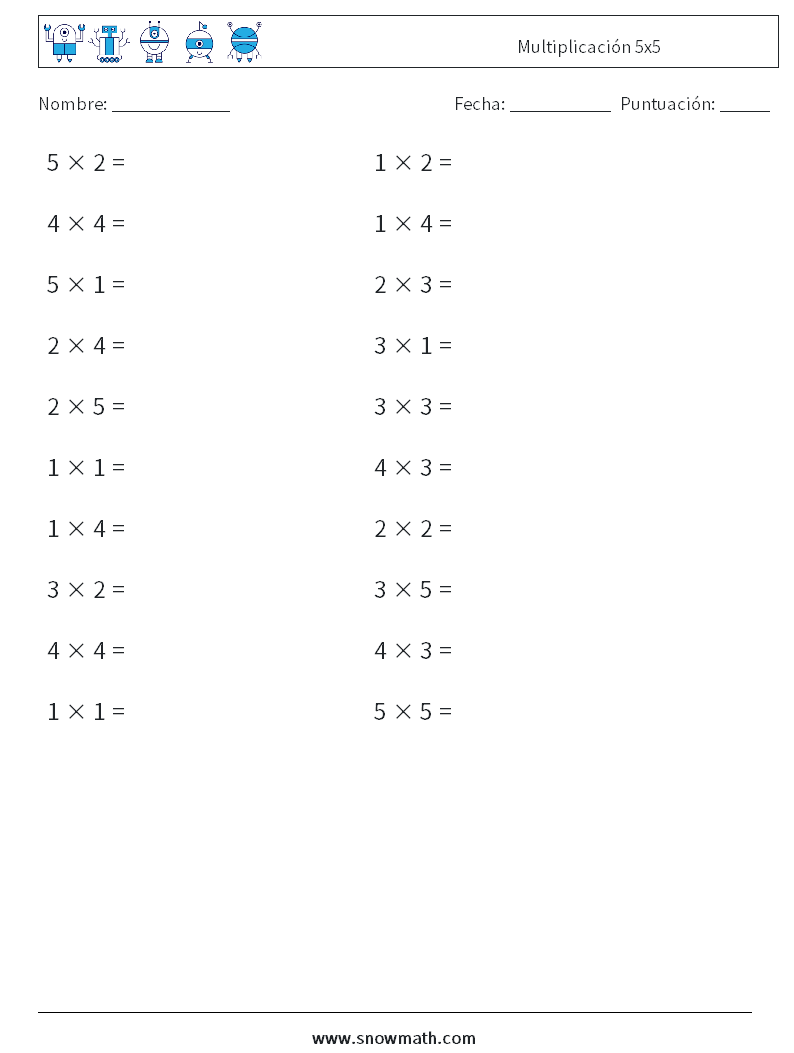 (20) Multiplicación 5x5 Hojas de trabajo de matemáticas 5