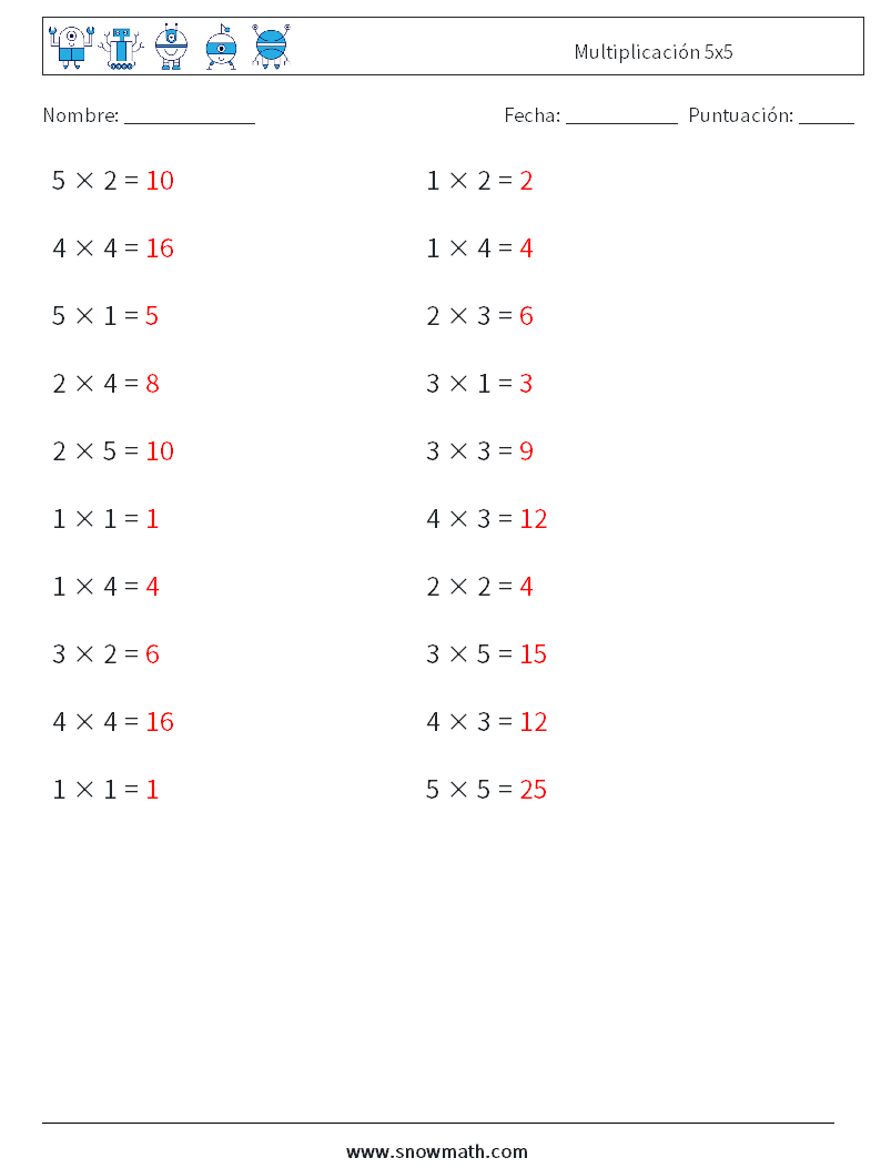 (20) Multiplicación 5x5 Hojas de trabajo de matemáticas 5 Pregunta, respuesta