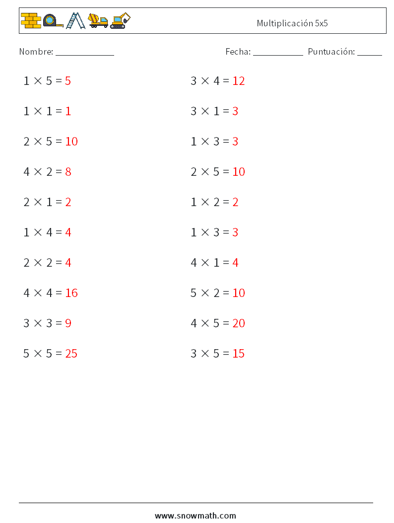 (20) Multiplicación 5x5 Hojas de trabajo de matemáticas 6 Pregunta, respuesta