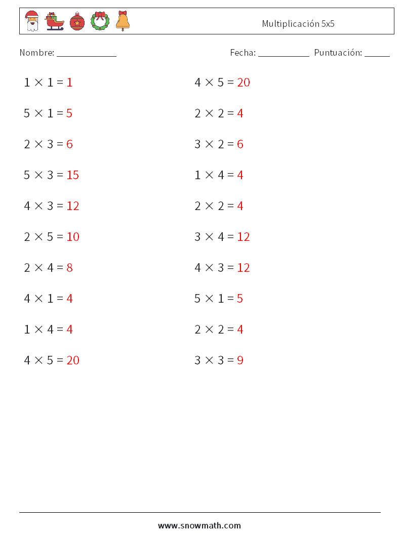 (20) Multiplicación 5x5 Hojas de trabajo de matemáticas 7 Pregunta, respuesta