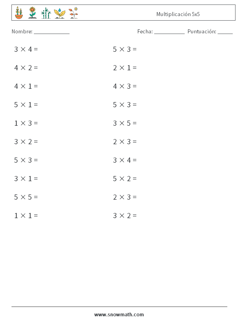 (20) Multiplicación 5x5 Hojas de trabajo de matemáticas 8