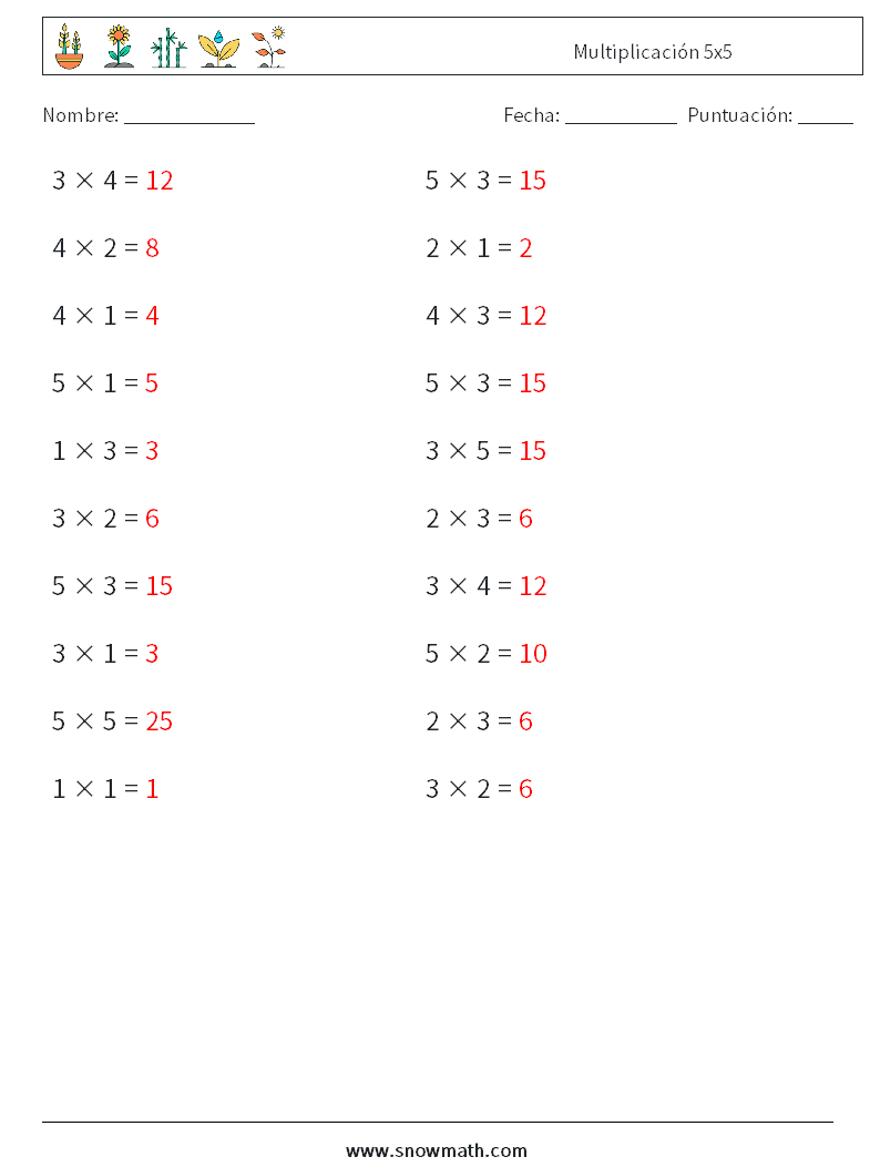 (20) Multiplicación 5x5 Hojas de trabajo de matemáticas 8 Pregunta, respuesta