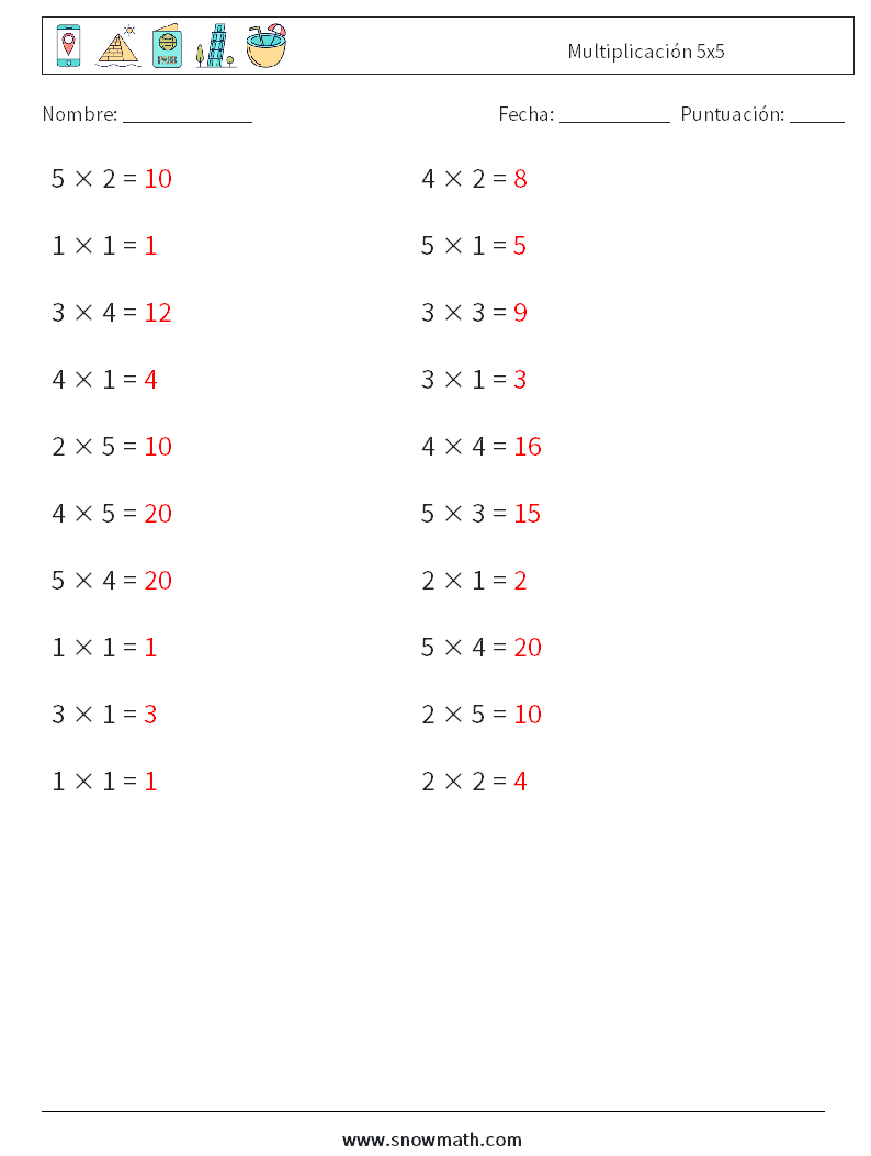 (20) Multiplicación 5x5 Hojas de trabajo de matemáticas 9 Pregunta, respuesta