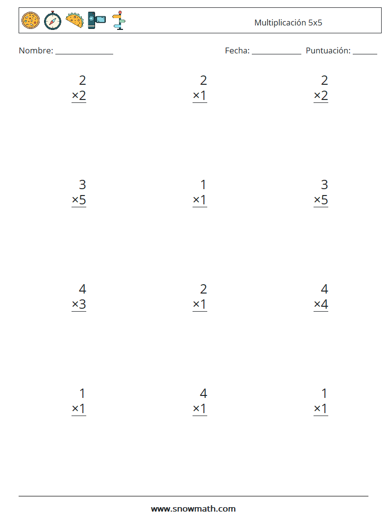 (12) Multiplicación 5x5 Hojas de trabajo de matemáticas 3