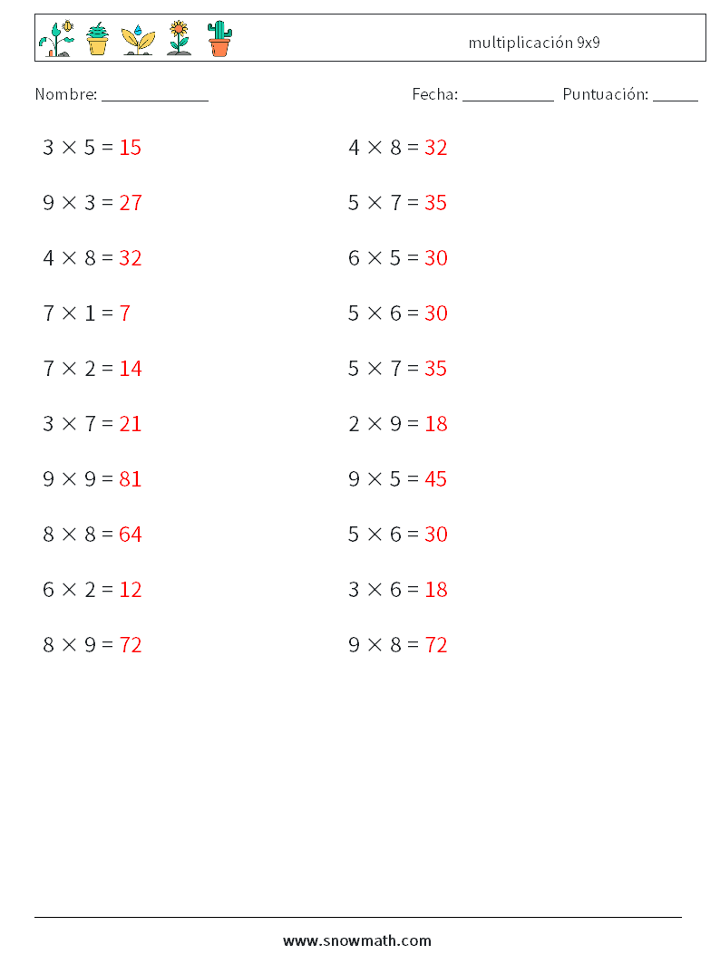 (20) multiplicación 9x9 Hojas de trabajo de matemáticas 2 Pregunta, respuesta