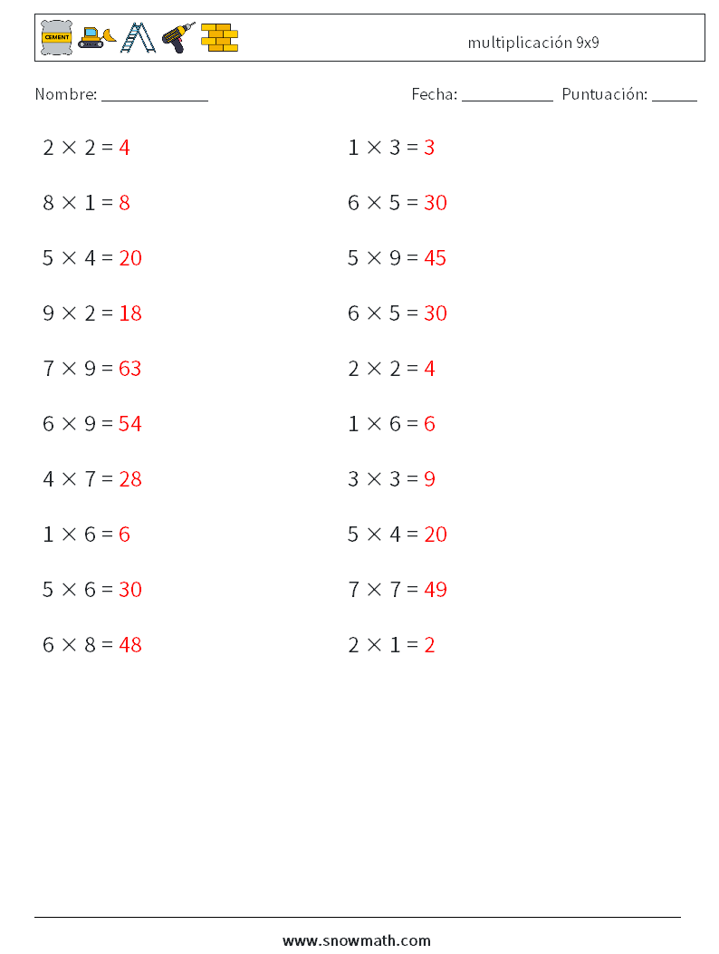 (20) multiplicación 9x9 Hojas de trabajo de matemáticas 4 Pregunta, respuesta