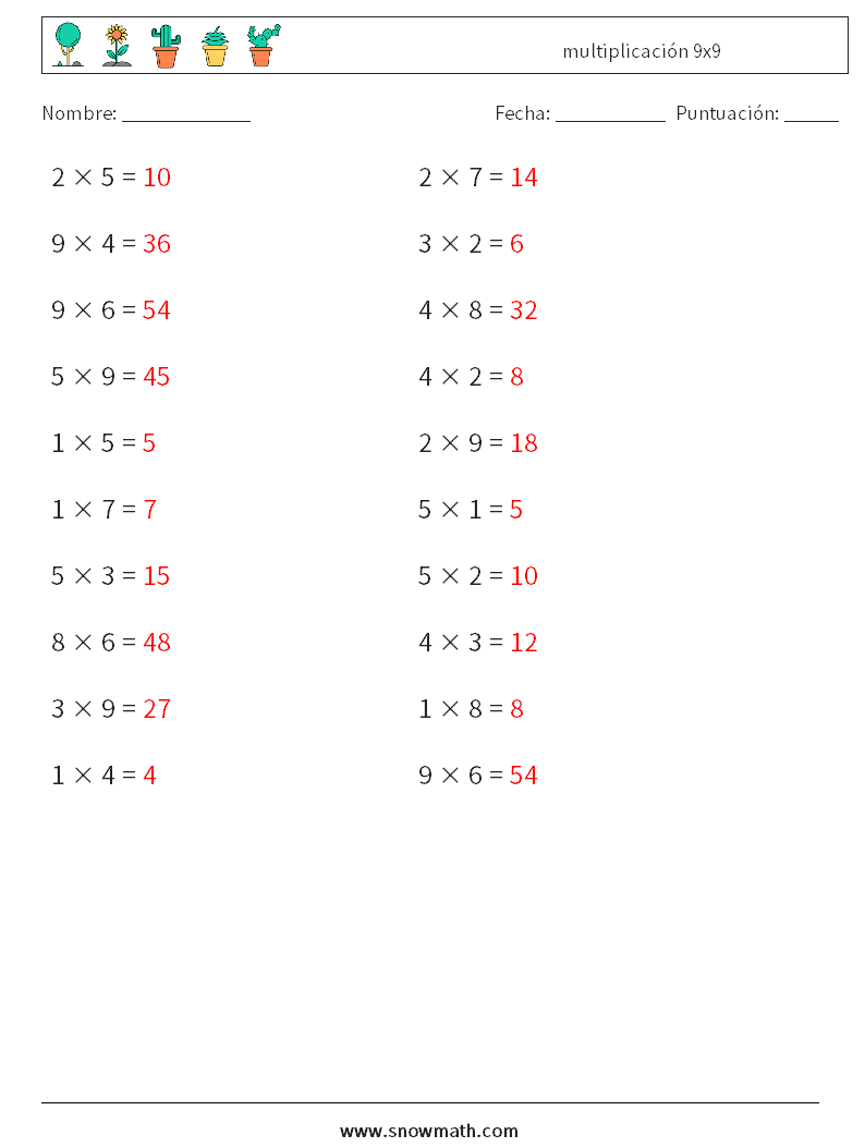 (20) multiplicación 9x9 Hojas de trabajo de matemáticas 5 Pregunta, respuesta