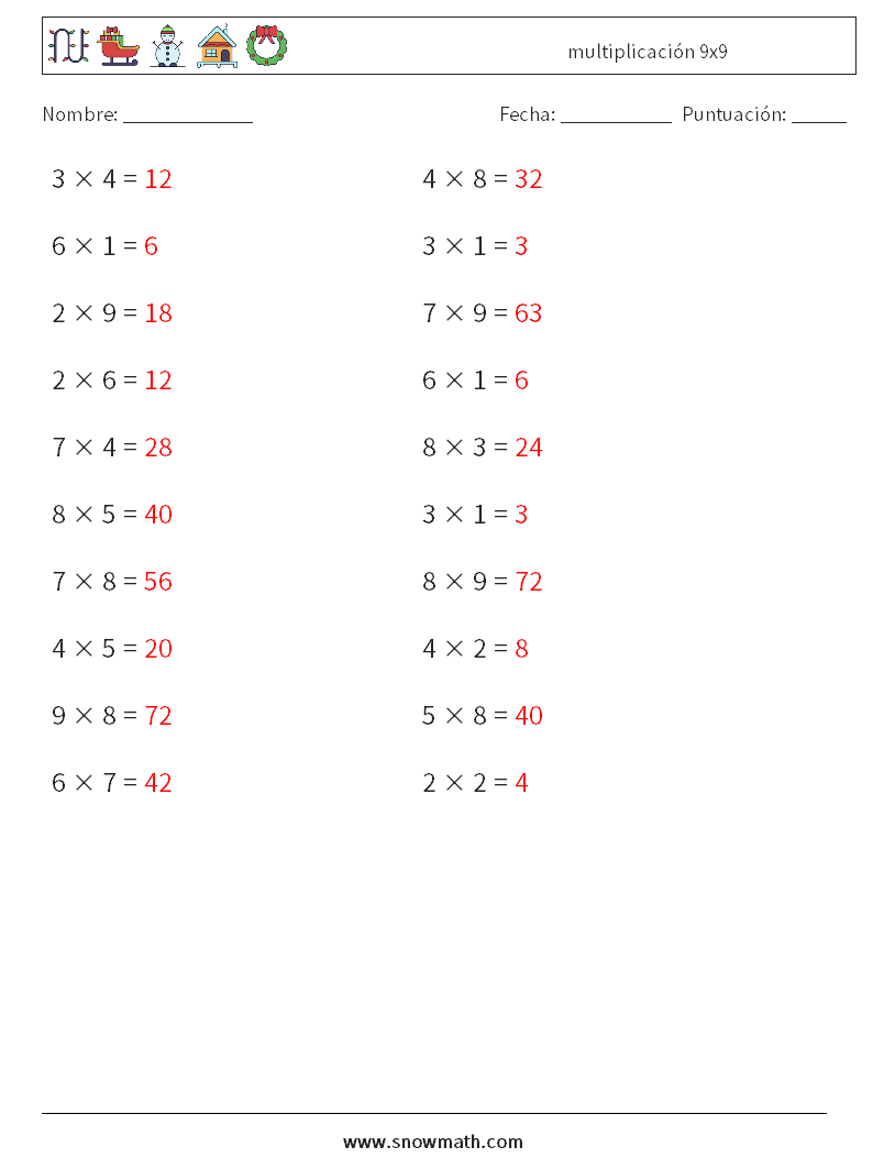 (20) multiplicación 9x9 Hojas de trabajo de matemáticas 6 Pregunta, respuesta