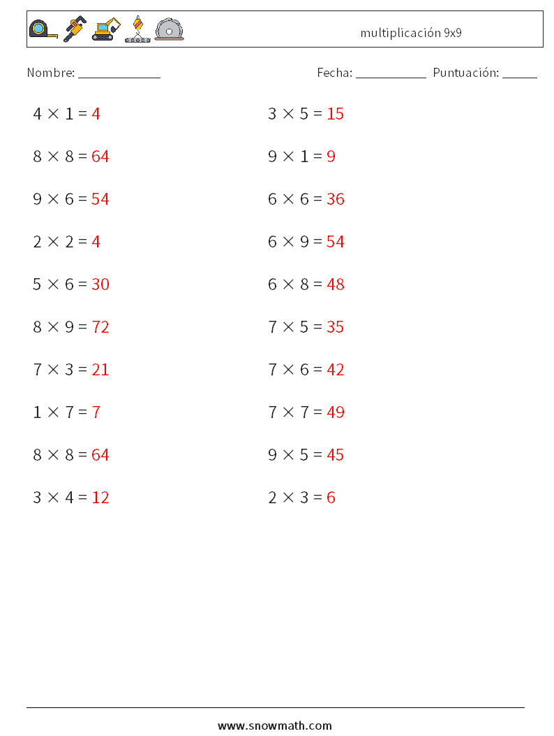 (20) multiplicación 9x9 Hojas de trabajo de matemáticas 7 Pregunta, respuesta