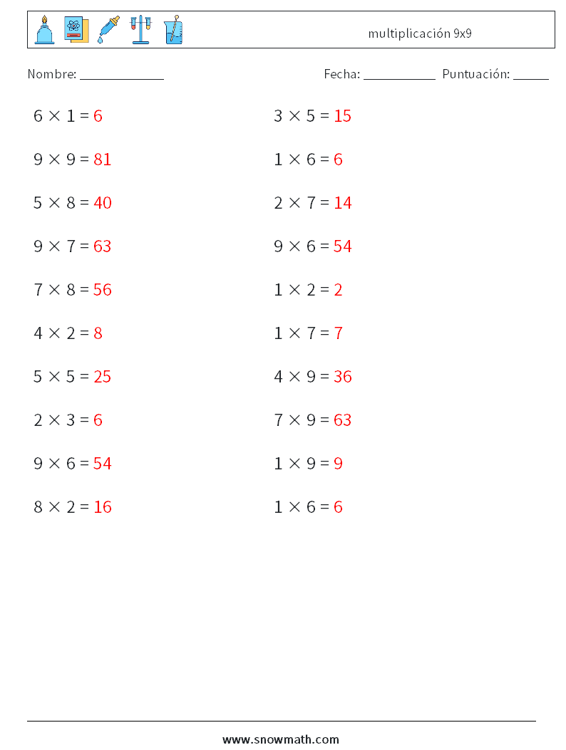 (20) multiplicación 9x9 Hojas de trabajo de matemáticas 8 Pregunta, respuesta
