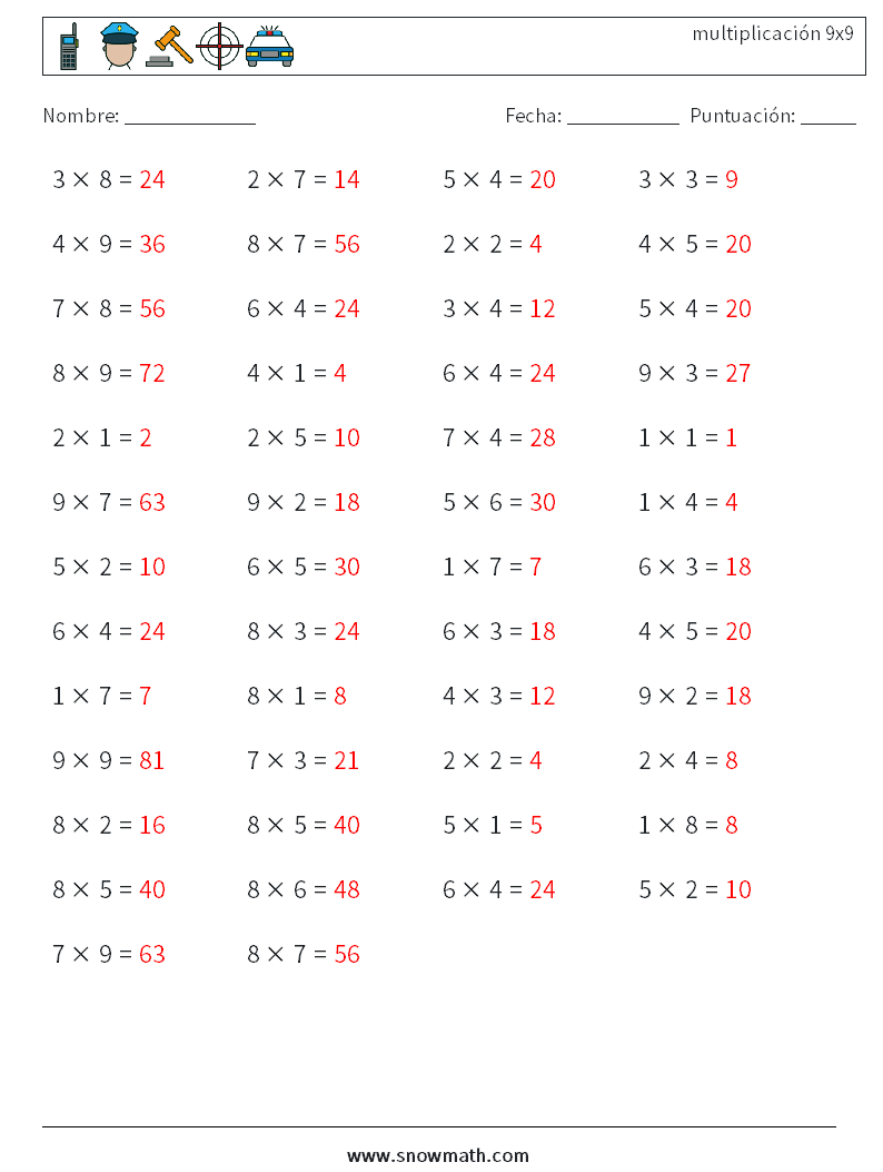 (50) multiplicación 9x9 Hojas de trabajo de matemáticas 1 Pregunta, respuesta