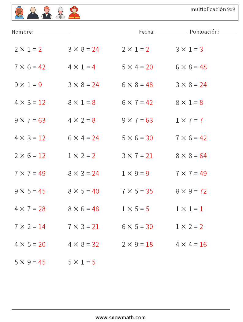(50) multiplicación 9x9 Hojas de trabajo de matemáticas 2 Pregunta, respuesta