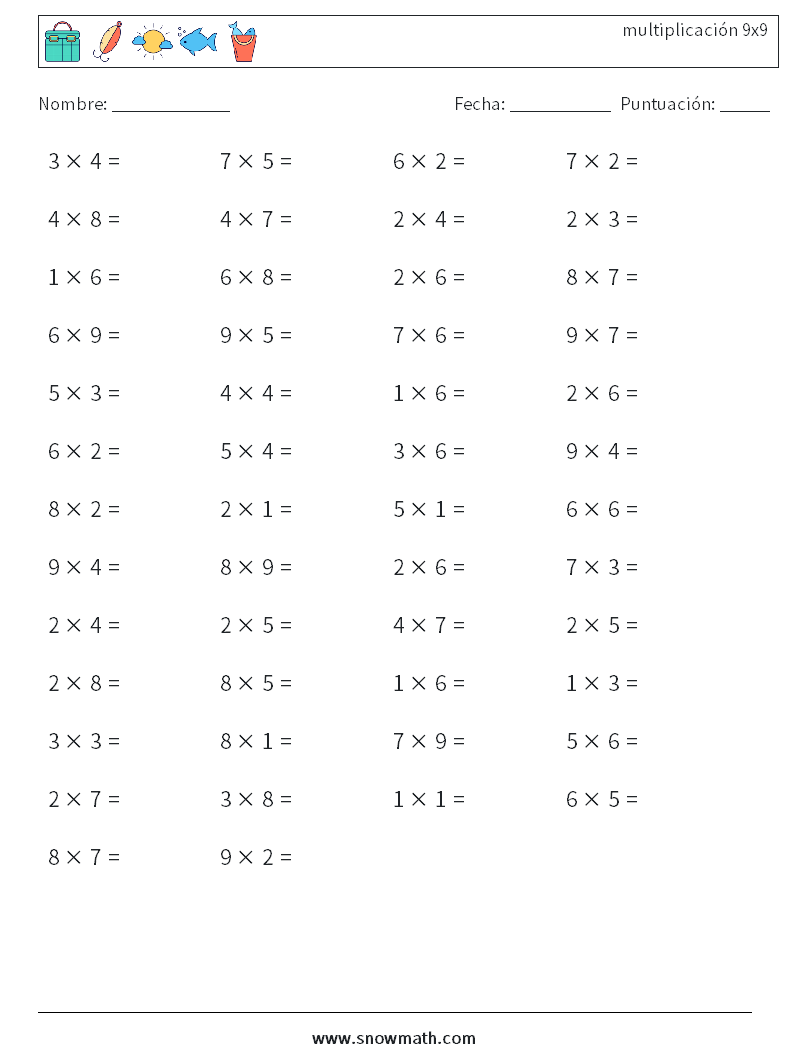 (50) multiplicación 9x9 Hojas de trabajo de matemáticas 3