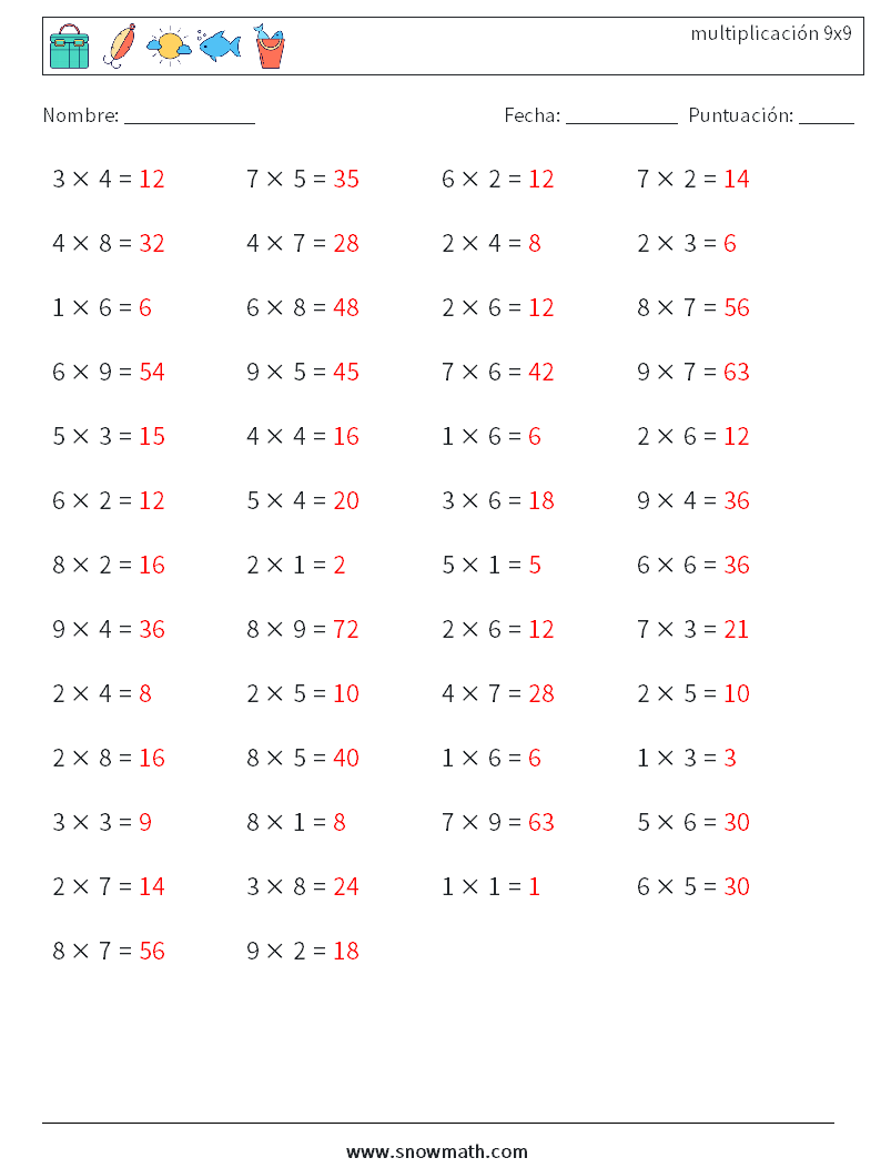 (50) multiplicación 9x9 Hojas de trabajo de matemáticas 3 Pregunta, respuesta