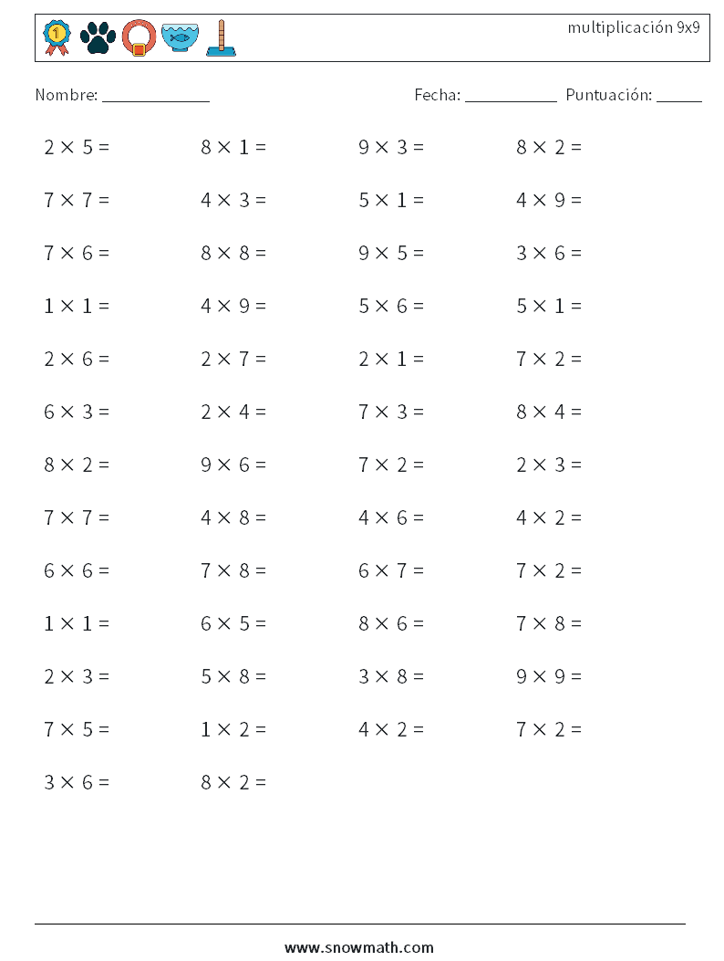 (50) multiplicación 9x9 Hojas de trabajo de matemáticas 4