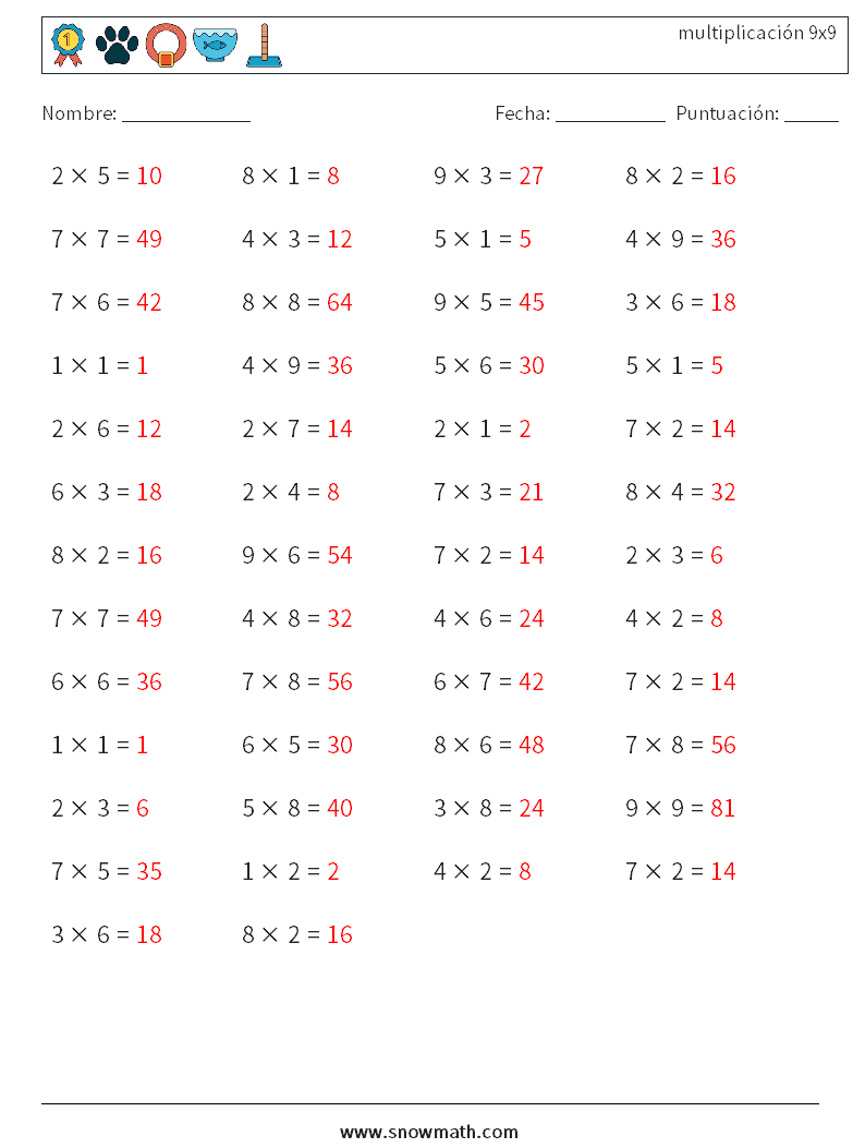 (50) multiplicación 9x9 Hojas de trabajo de matemáticas 4 Pregunta, respuesta