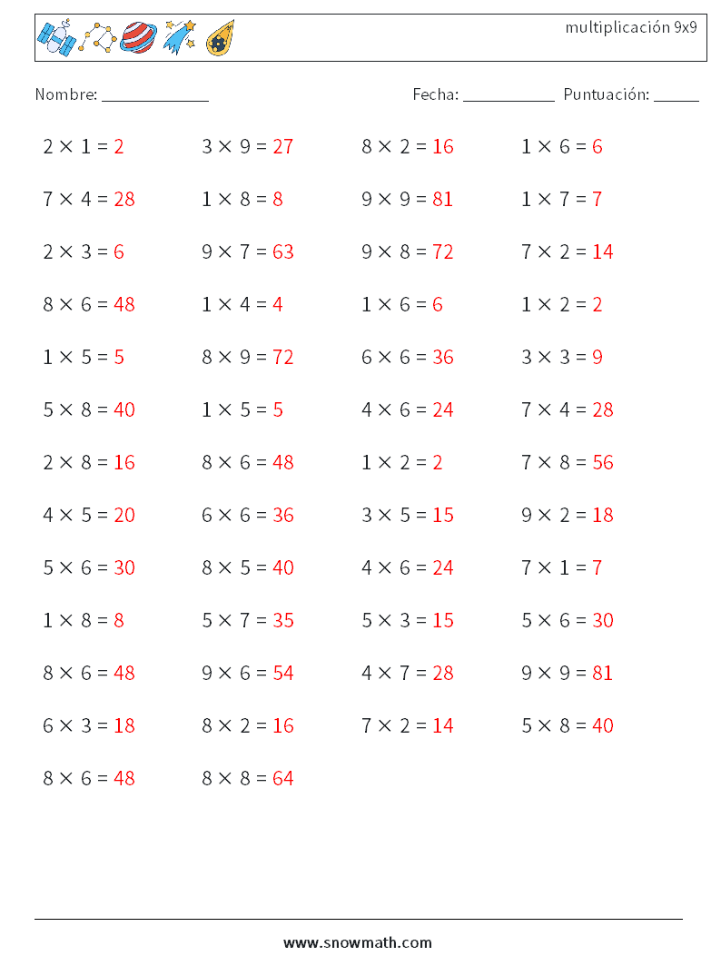 (50) multiplicación 9x9 Hojas de trabajo de matemáticas 5 Pregunta, respuesta
