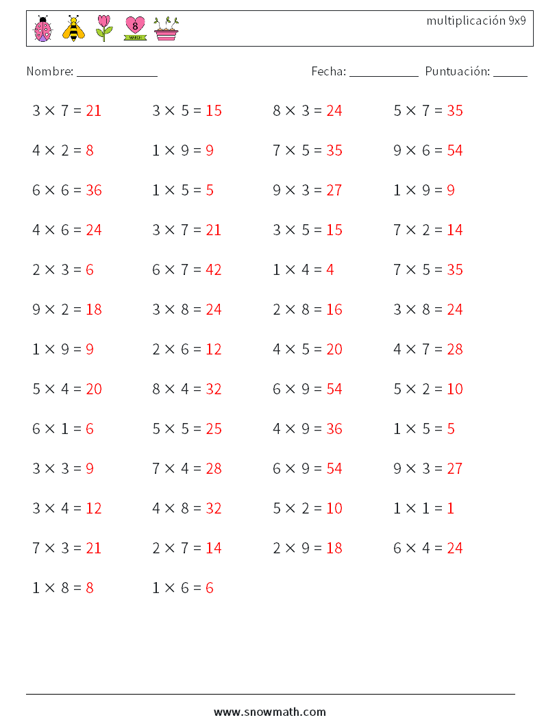 (50) multiplicación 9x9 Hojas de trabajo de matemáticas 6 Pregunta, respuesta