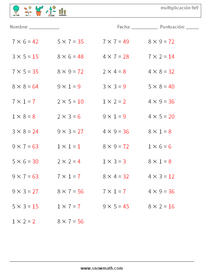 (50) multiplicación 9x9 Hojas de trabajo de matemáticas 8 Pregunta, respuesta