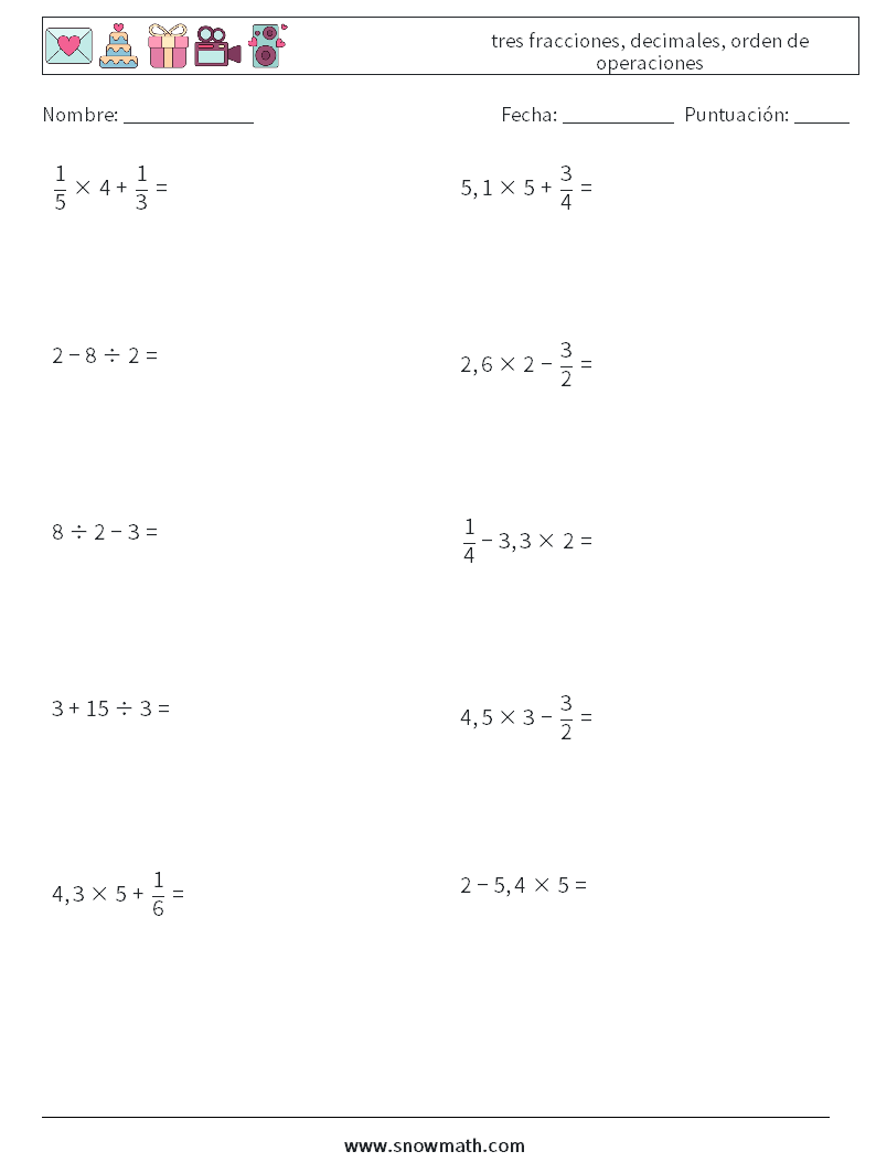 (10) tres fracciones, decimales, orden de operaciones Hojas de trabajo de matemáticas 10