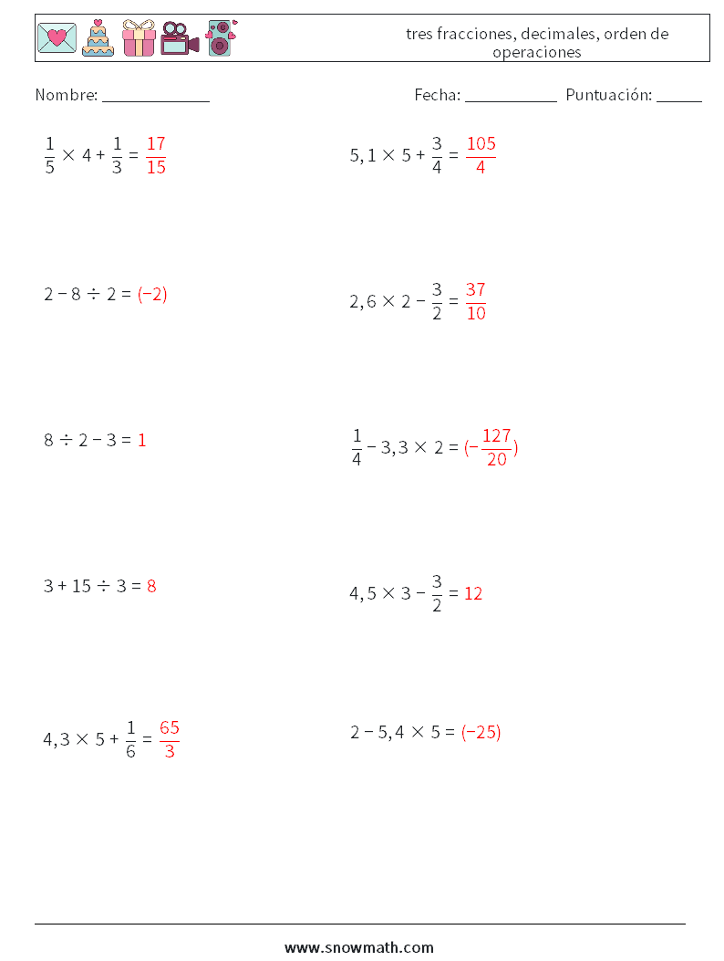 (10) tres fracciones, decimales, orden de operaciones Hojas de trabajo de matemáticas 10 Pregunta, respuesta
