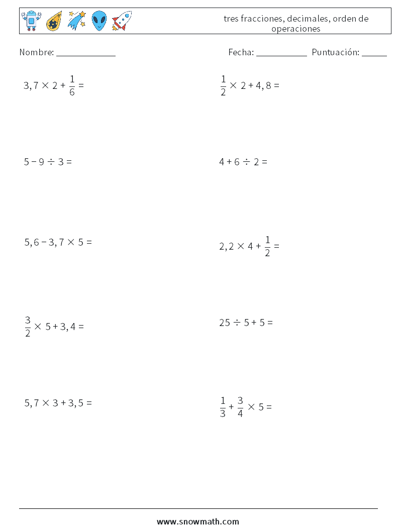(10) tres fracciones, decimales, orden de operaciones Hojas de trabajo de matemáticas 11