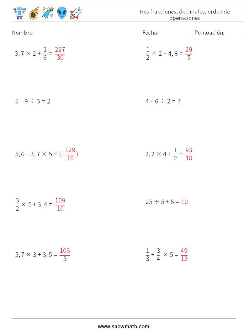 (10) tres fracciones, decimales, orden de operaciones Hojas de trabajo de matemáticas 11 Pregunta, respuesta