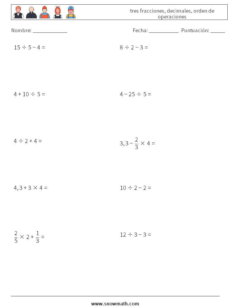 (10) tres fracciones, decimales, orden de operaciones Hojas de trabajo de matemáticas 12