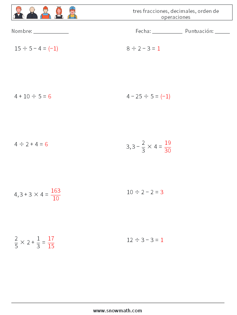 (10) tres fracciones, decimales, orden de operaciones Hojas de trabajo de matemáticas 12 Pregunta, respuesta