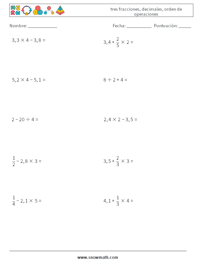 (10) tres fracciones, decimales, orden de operaciones Hojas de trabajo de matemáticas 13