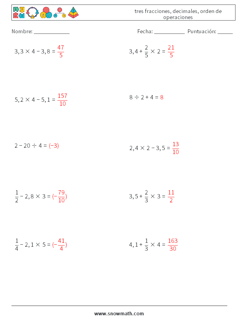 (10) tres fracciones, decimales, orden de operaciones Hojas de trabajo de matemáticas 13 Pregunta, respuesta