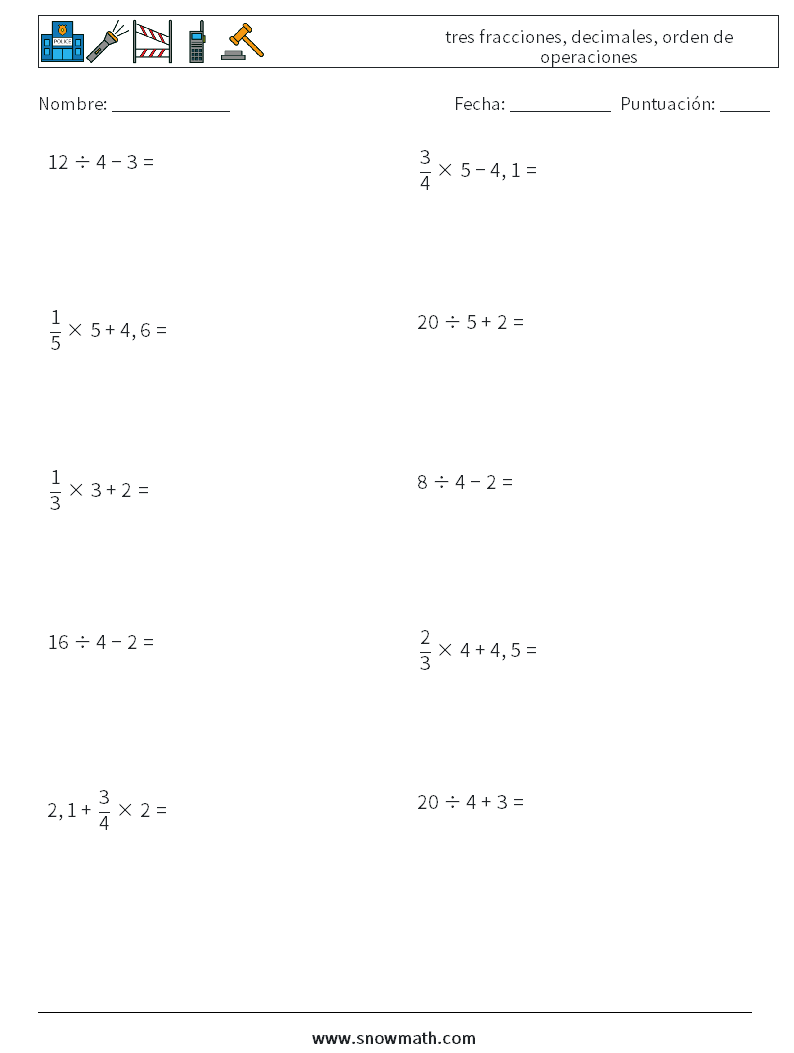 (10) tres fracciones, decimales, orden de operaciones Hojas de trabajo de matemáticas 14