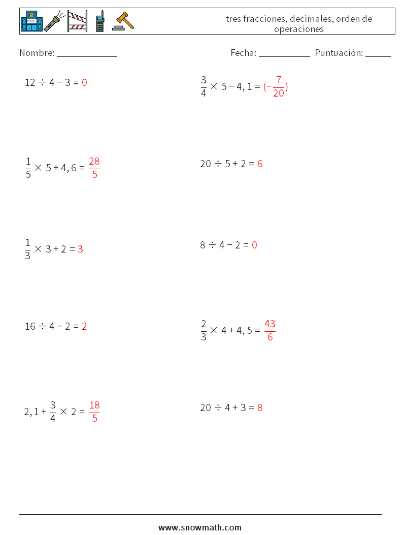 (10) tres fracciones, decimales, orden de operaciones Hojas de trabajo de matemáticas 14 Pregunta, respuesta