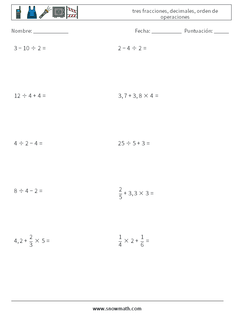 (10) tres fracciones, decimales, orden de operaciones Hojas de trabajo de matemáticas 15