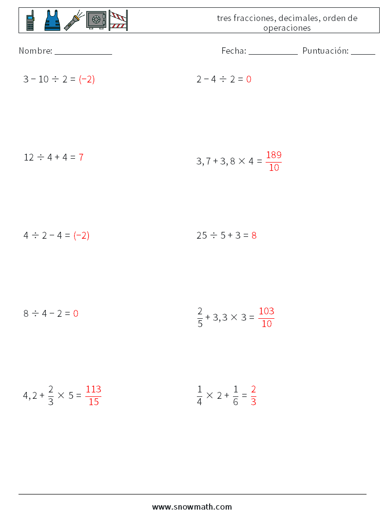 (10) tres fracciones, decimales, orden de operaciones Hojas de trabajo de matemáticas 15 Pregunta, respuesta